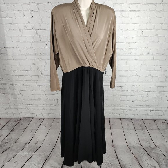 VTG Liz Roberts Black Beige Color Block Long Sleeve Polyester Maxi Dress Size 10 - Picture 1 of 11